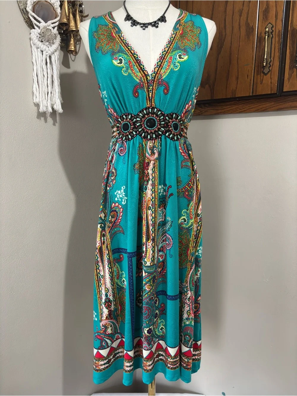 ICE Vtg Beaded Waist Flowy Midi Dress V Neck Size 12 Teal Paisley Boho Chic - Picture 2 of 9